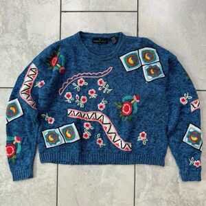 Vintage 80s Carole Little Knit Sweater Blue Flowers CrochetSize M Womens